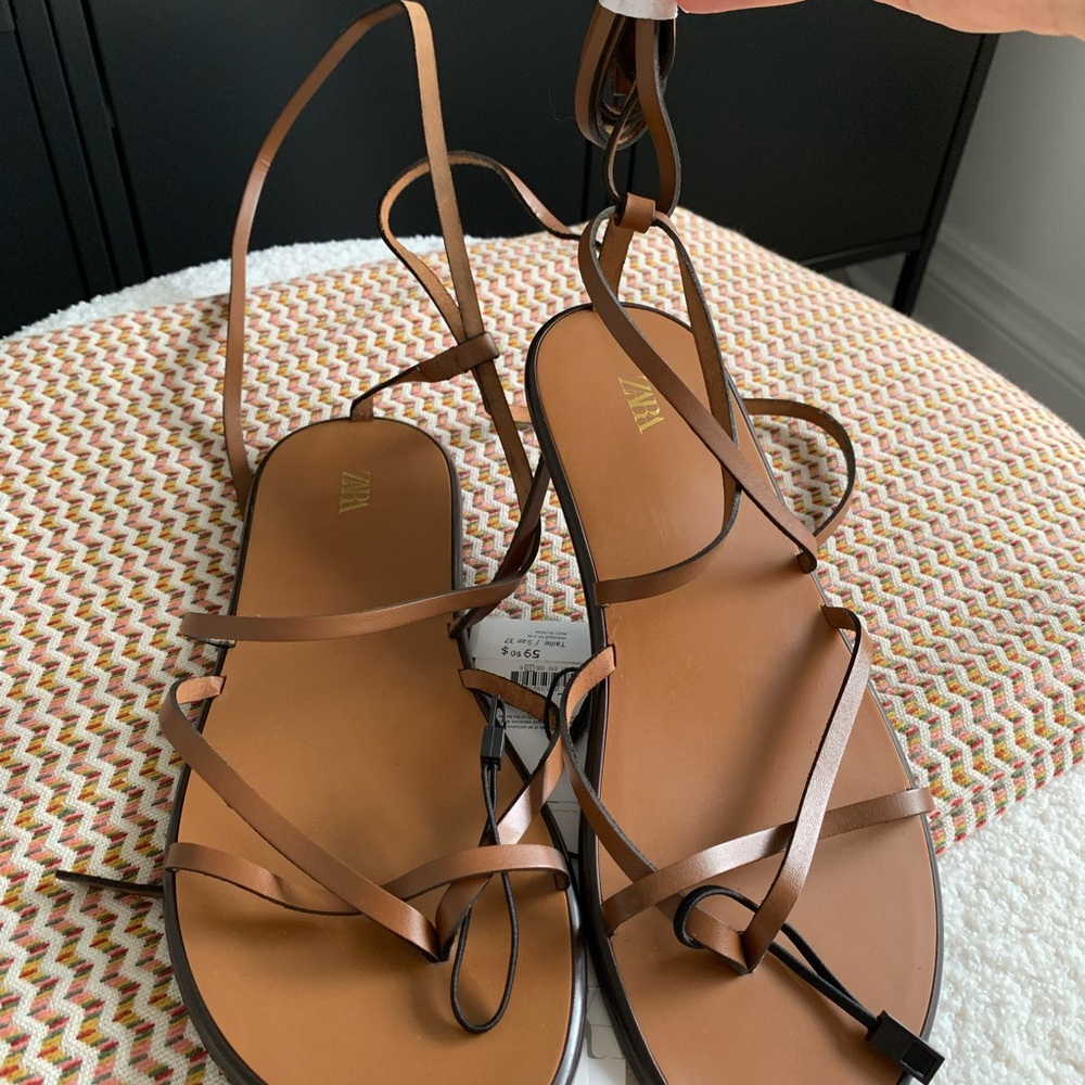 Zara Brown Leather Lace Up Gladiator Greek Flat Sandals
